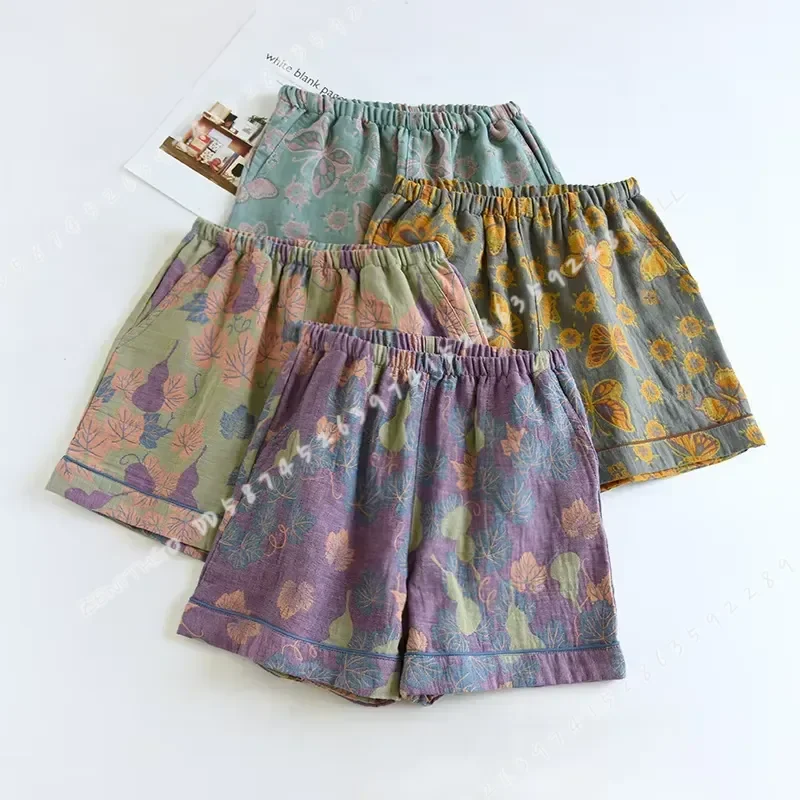 2026 New Women Summer Shorts 100 Percent Cotton Vintage Yarn Weaving Printed Sleepwear Thin Loose Pocket Home Pants