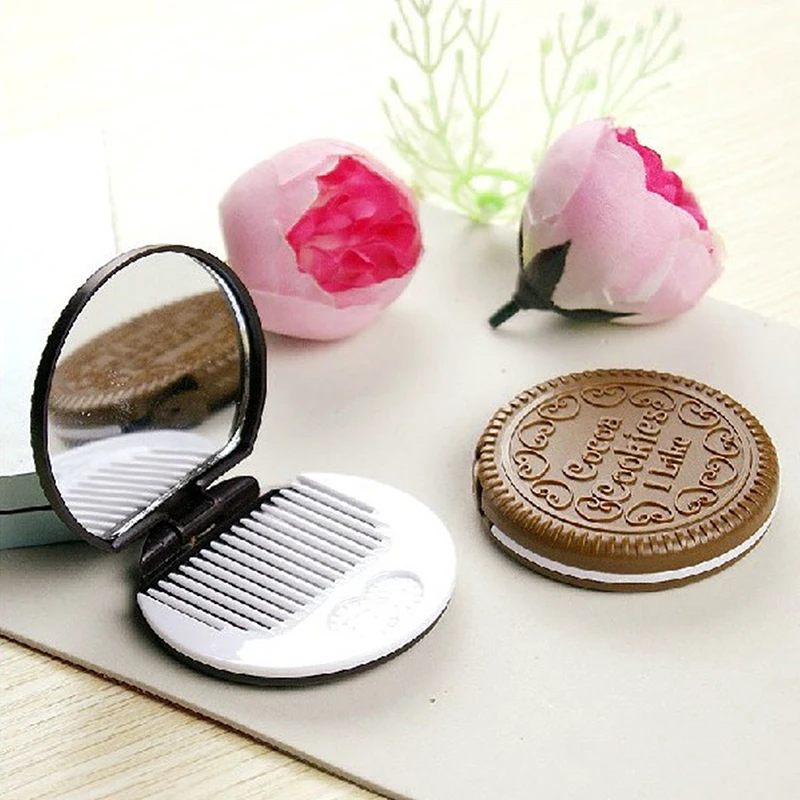 Chocolate Biscuit Round Folding Make Up Mirror Ins Kawai Outside Pocket Mirrors Women Small Cocoa Mirror With Combs Black Coffee