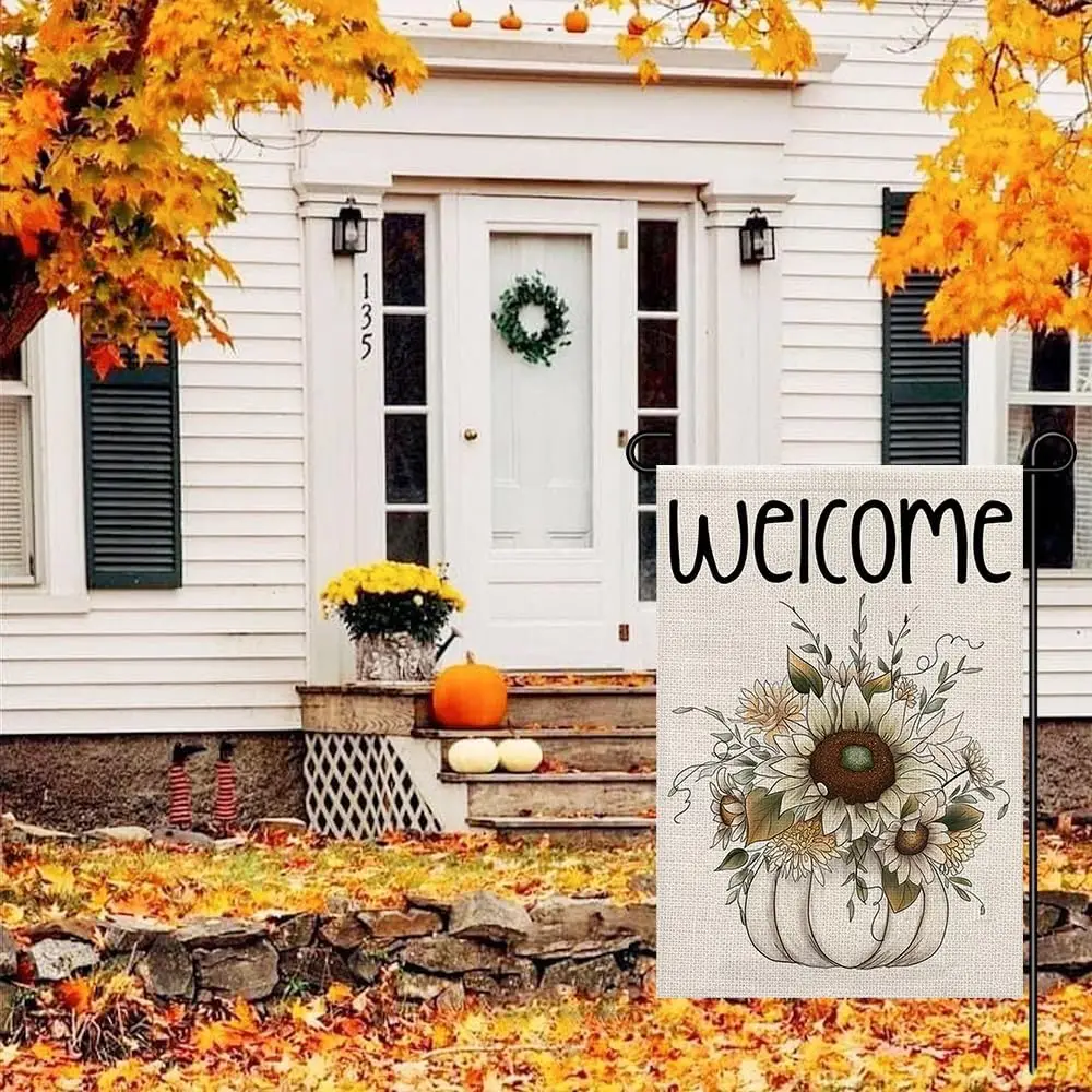 Fall Sunflower Pumpkin Garden Flags for Outside 12x18 Inch Double Sided Burlap, Seasonal Autumn Farmhouse Style Sign Lawn Sm EEZ