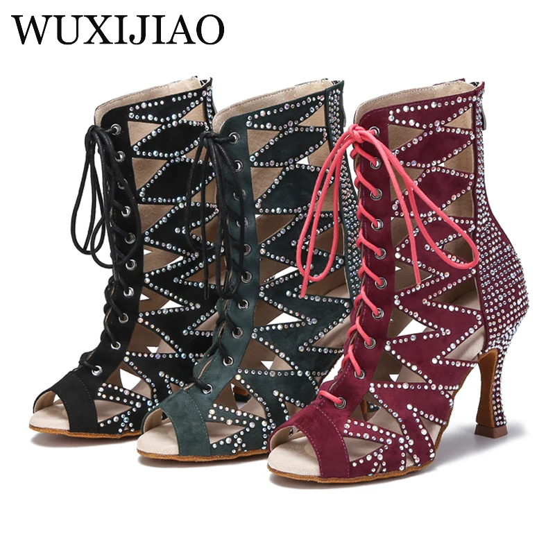 Ladies High Top Dance Shoes Black Ballroom Boots Salsa Tango Dance Shoes Girls Fashion Party Cutouts High Heels Sandals Summer