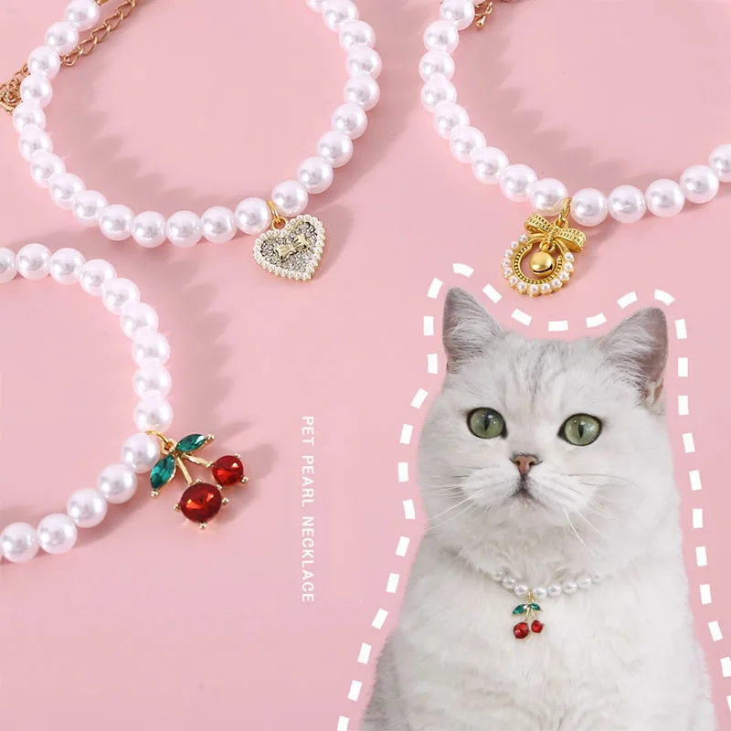 

Vintage Pearl Collar Necklace with Bow and Love Pendant for Dog and Cat, Adjustable Pet Chain