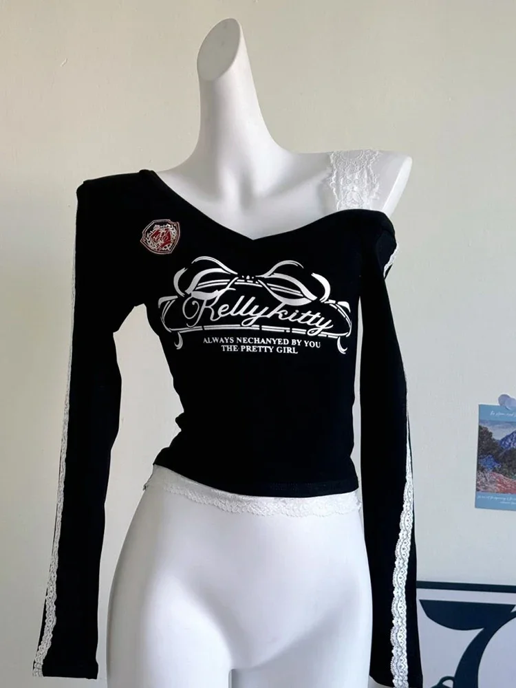 Y2K الدانتيل المرقعة تي شيرت المرأة مثير قبالة الكتف الحلو الخامس الرقبة السيدات المحاصيل القمم الكورية موضة طويلة الأكمام الملابس النسائية