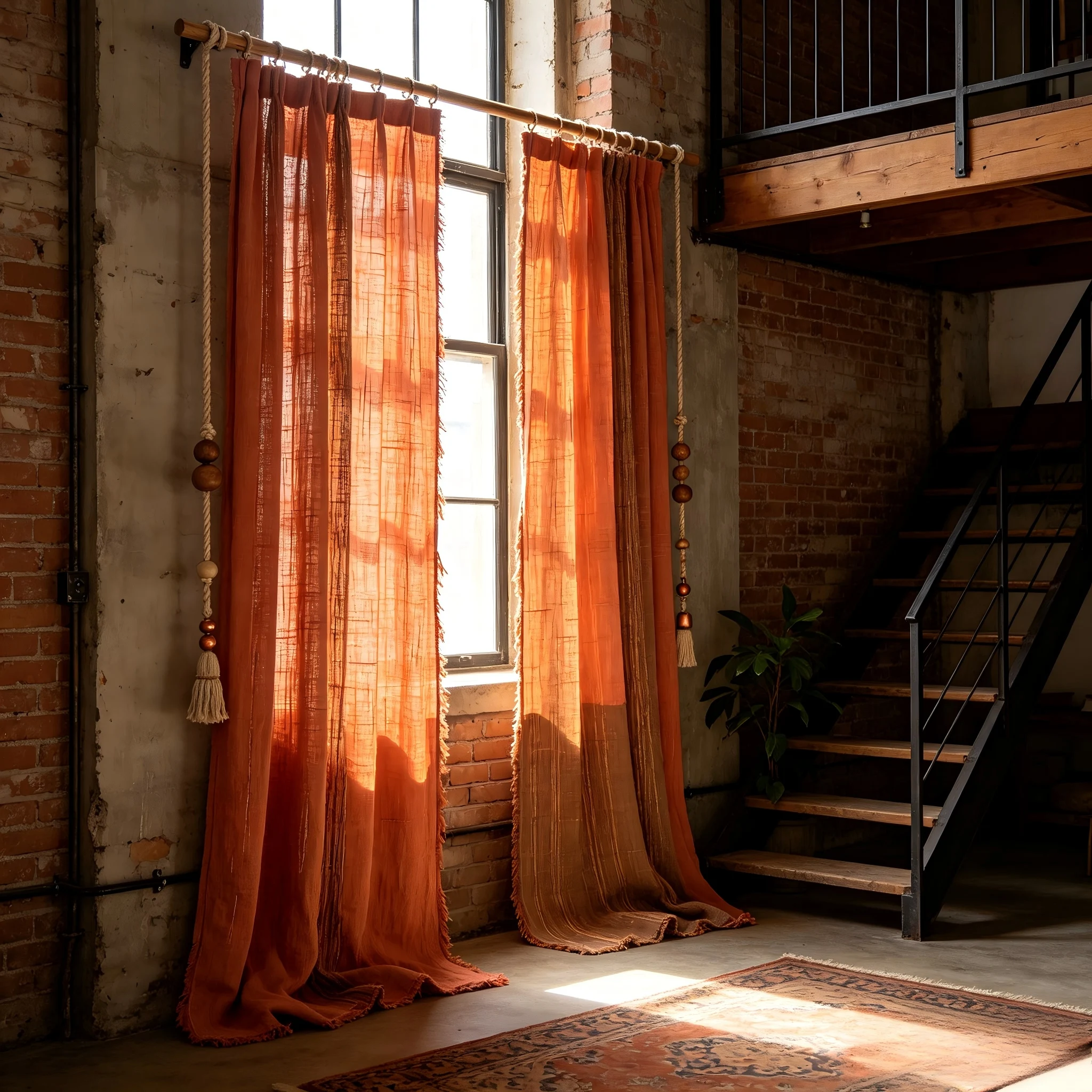 200366  Coral Orange Bamboo Knot Cotton and Hemp Curtains