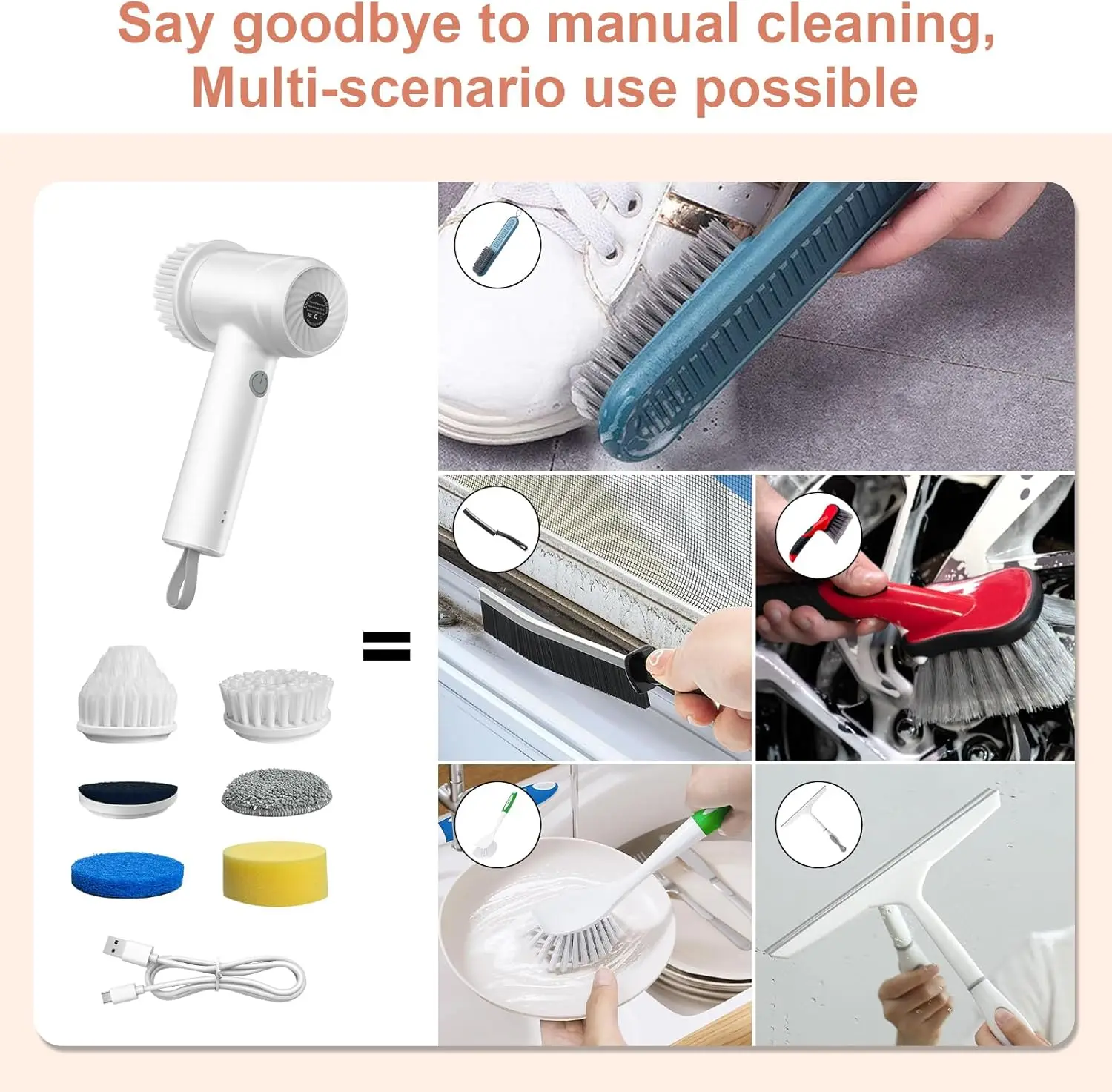 Puftem Electric Cleaning Brush Dish Spin Scrubber Dishwashing Cleaner Handheld Kitchen Scrubbing Bathroom Window Scrub
