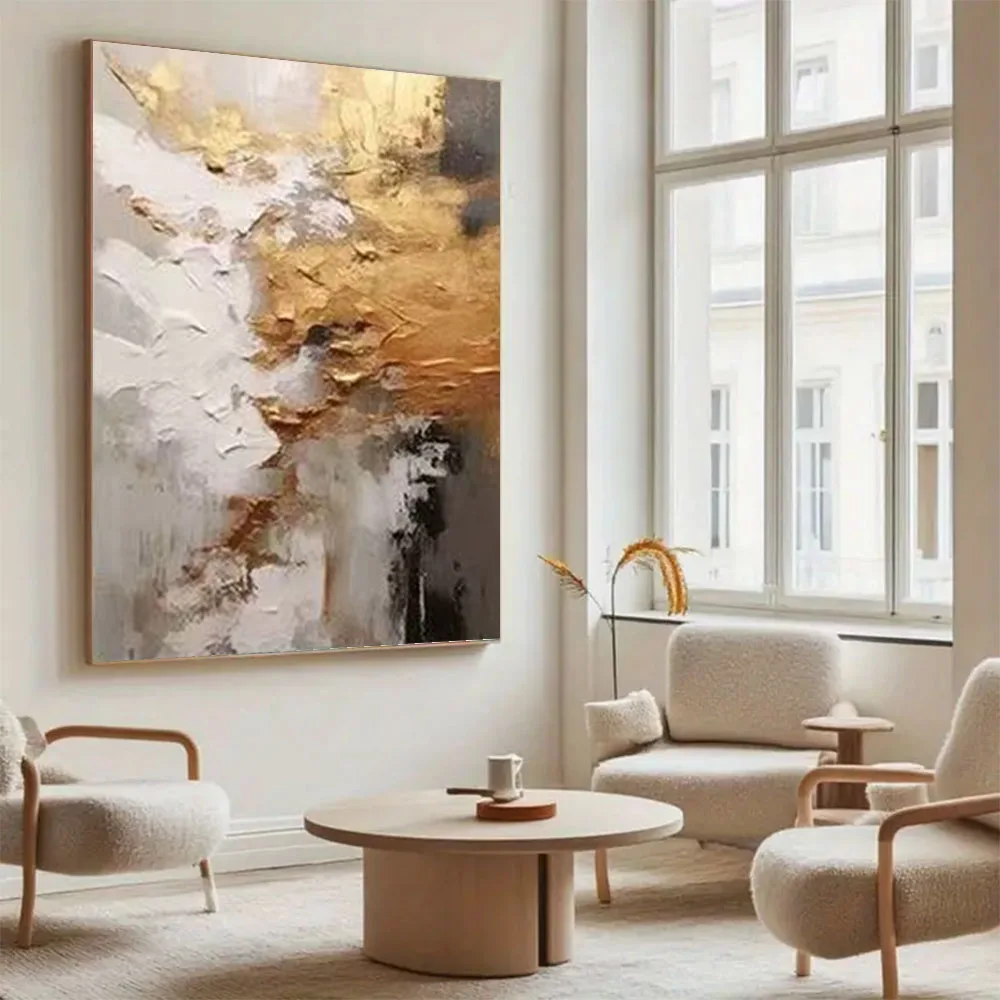 

High Quality Hand-Painted Abstract Oil Painting Thick Textured Golden Wall Art Canvas Poster Modern Living Room Decor Picture