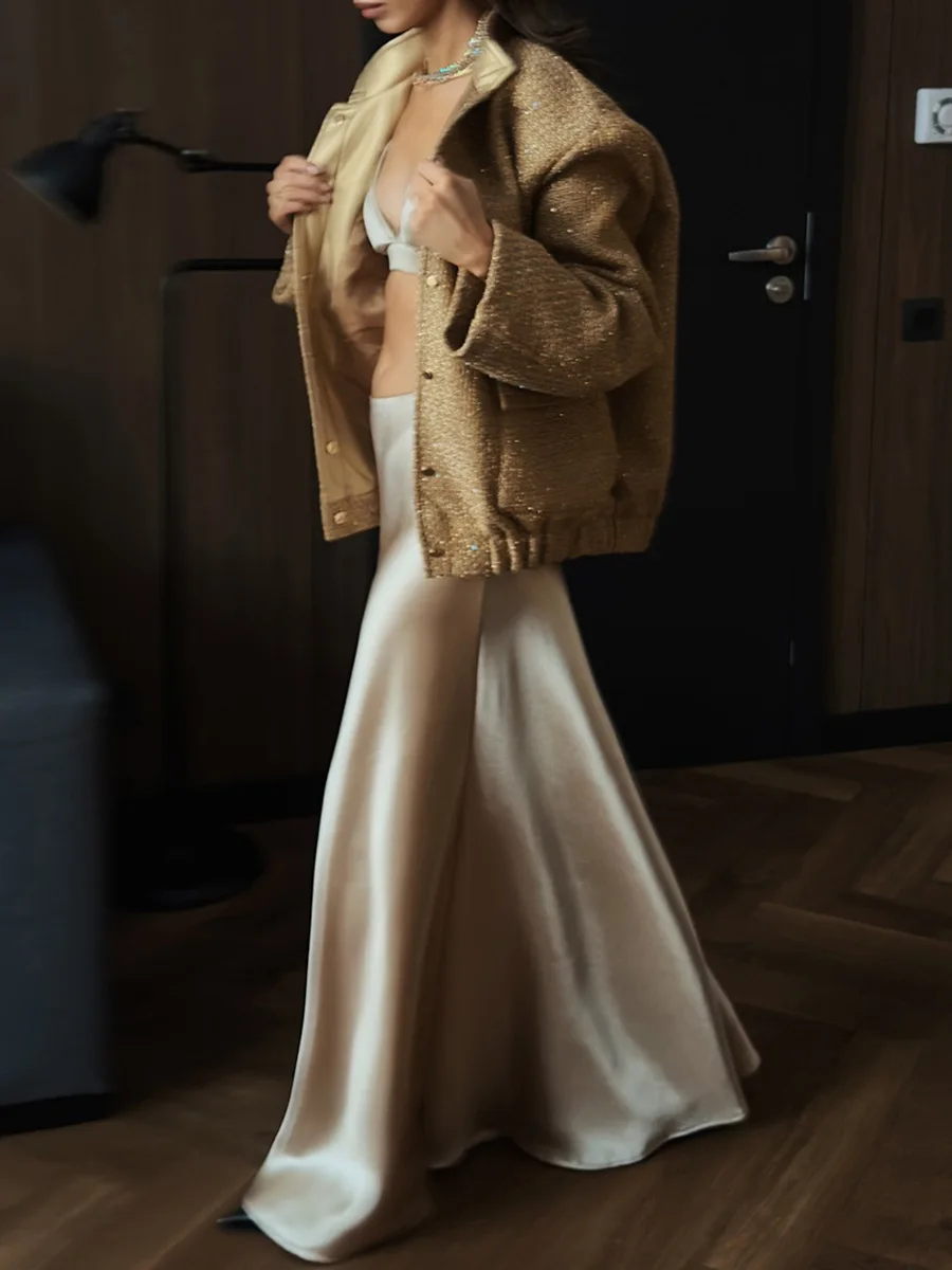 Autumn Loose Tweed Sequin Jacket Women Fashion Coat Trend Casual Warm Chic Elegant Female Coats Stylish Woman Outwear