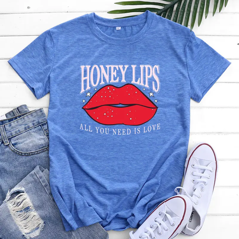 

Women's Loose ort Sve T-irt Red Lip Print Cotton Top Summer Street Sle Creative Animal Pattern round Ne Thin Fabric