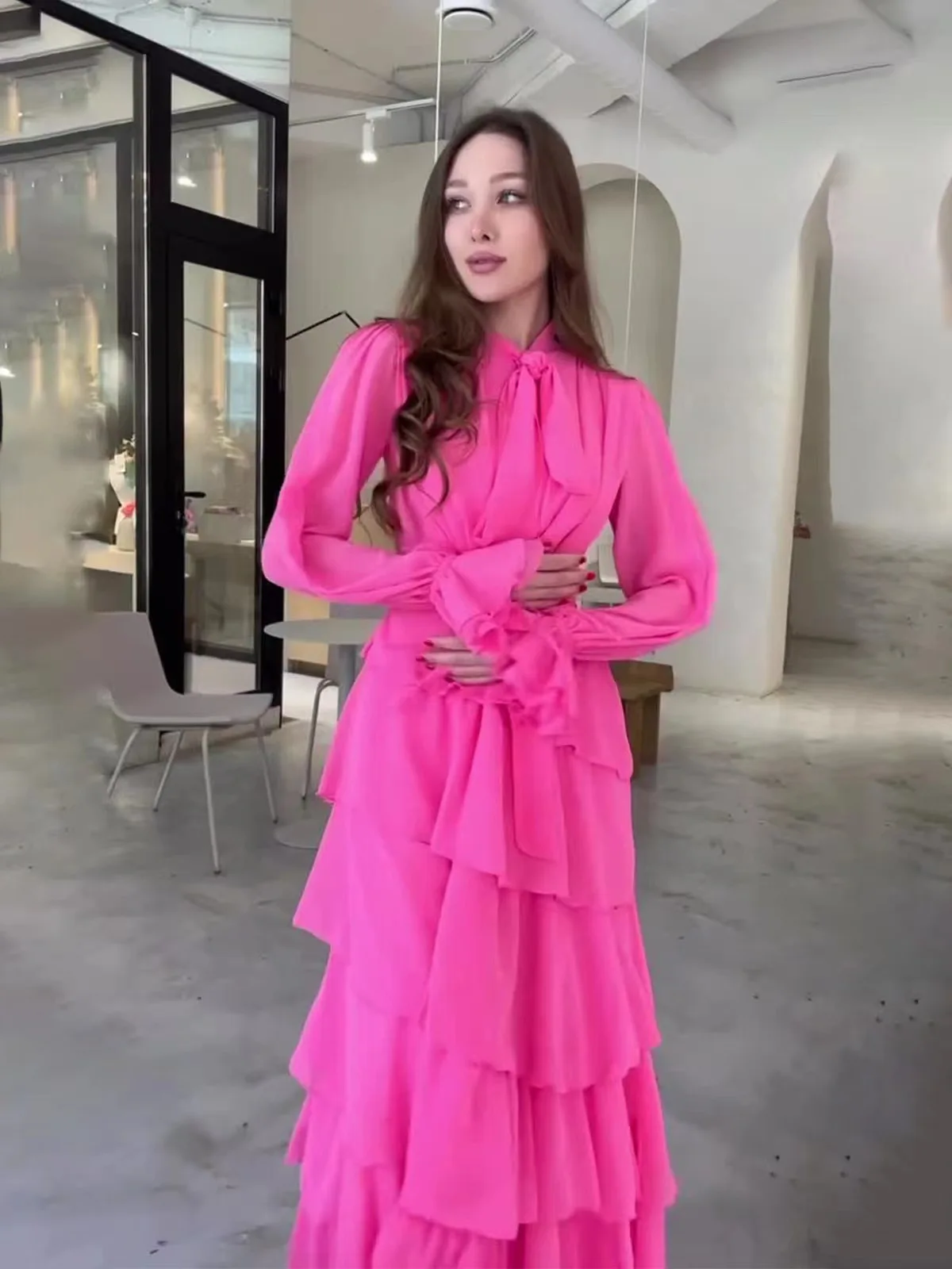 Rüschen Patchwork Chiffon ter Ne Long Dr Frühling Sommer Herbst Pendeln Sle mittlere Taille Long Sve Maxi Dr