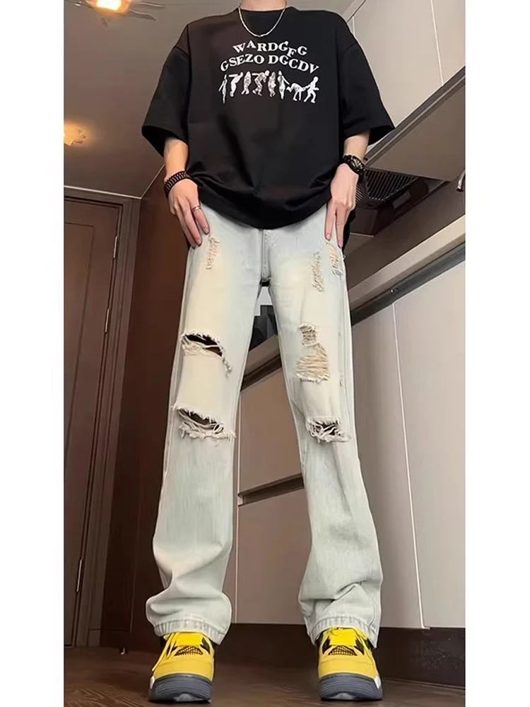 

High Waist Lifted Version Men's Jeans High Waist Distred Straight Leg Jeans Youthful Sle Cotton Polyester Blend