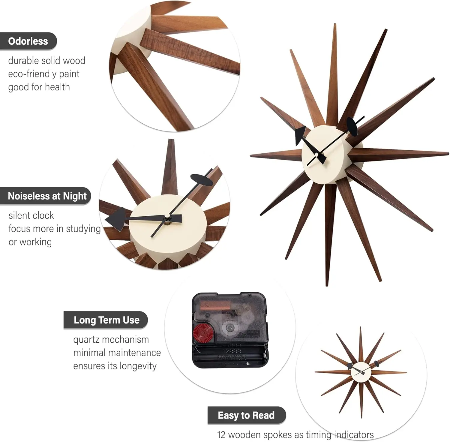 Mid Century Wall Clock Walnut Wooden Starburst Clock Replica George Nelson Sunburst Clock for Decorative Office Wall Living Room