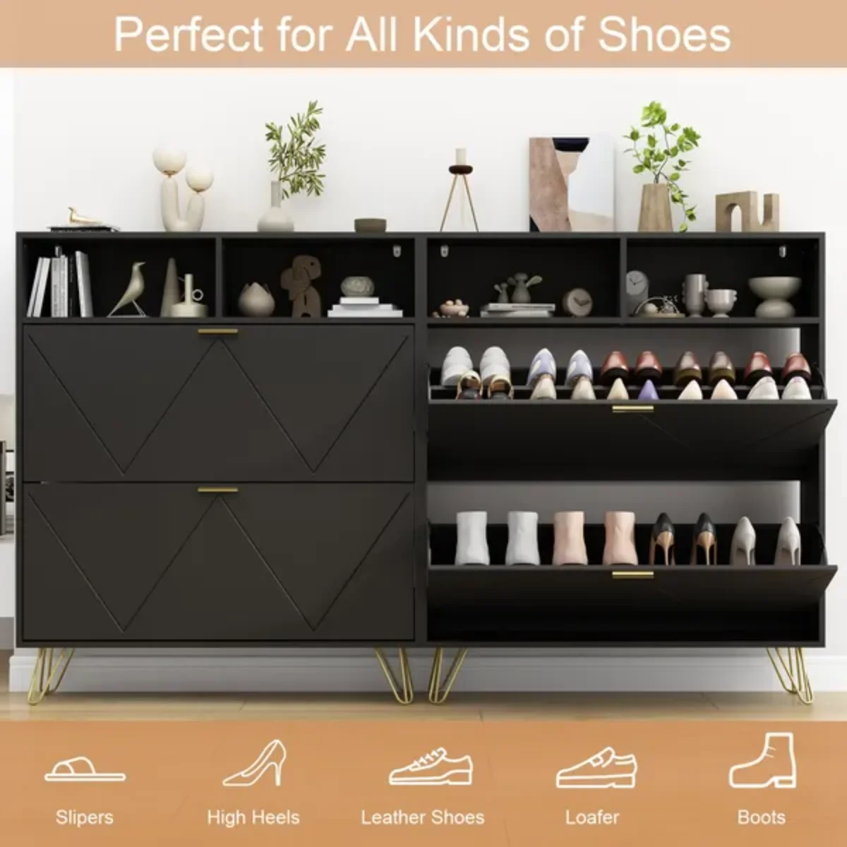 

arge Shoe Cab w/ 2 Flip Drawers | Ultra-Thin Entry Rack | Hidden Cab w/ Open Shelves | Free-Standing Hallway Org
