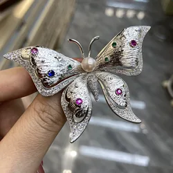 2024 New Zircon silver-Plated Brushed Butterfly pearl Embellished Insect Brooch