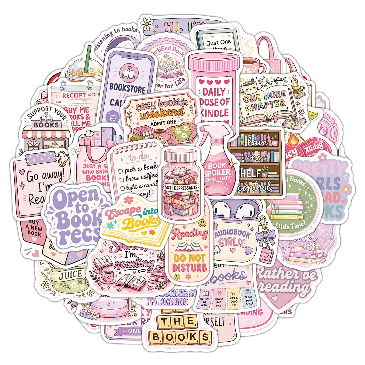 50Pcs Cute Bookish Reading Stickers Book Lover Aesthetic Decals for Laptop Scrapbook Skateboard Helmet Suitcase DIY Decor