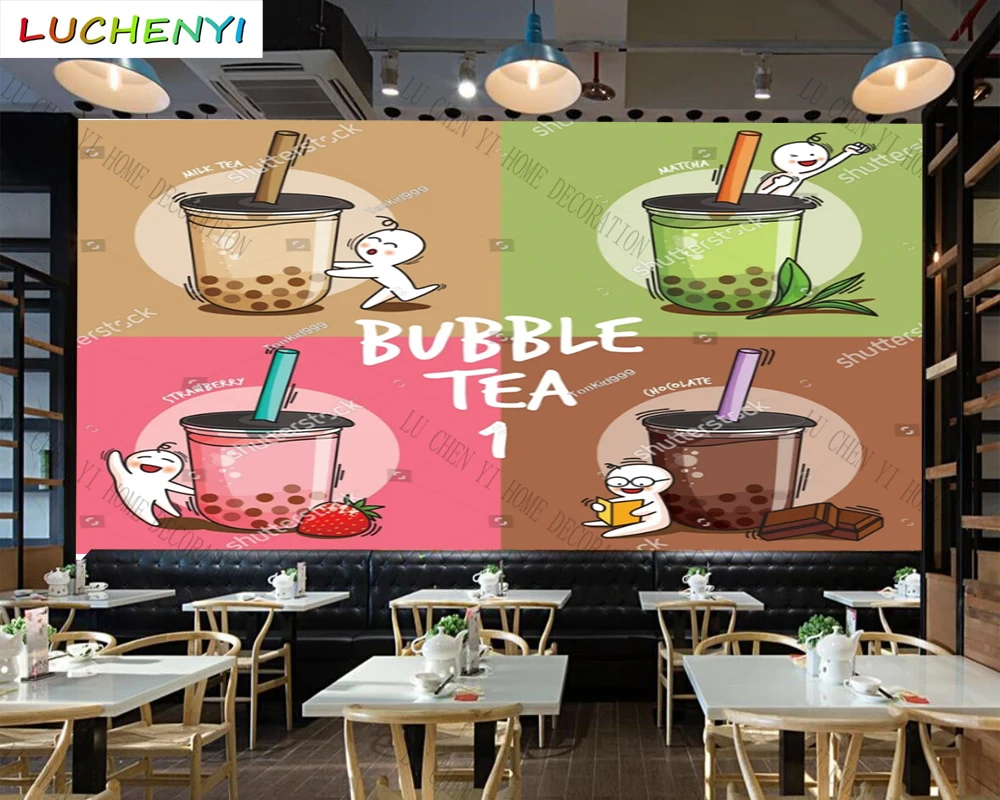 Custom cable Colorful bubble tea mural wallpaper restaurant cold drinking shop dining room wall papers home decor sticker