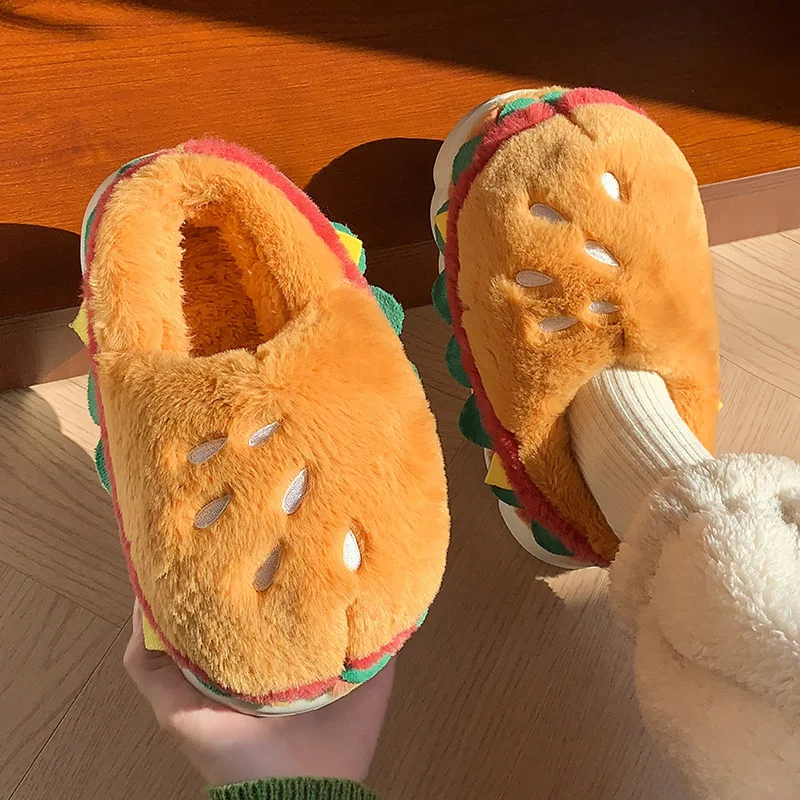 Men Women Cute Burger Plush Slippers Warm Fuzzy House Shoes Winter Anti Slip Soft Sole Indoor Footwear Couple Funny Slippers