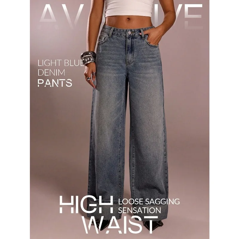 

2026 Women Summer New Low-Waist Frayed Hem Gray-Blue Washed Denim Casual All-Match Versatile Wide Leg Jeans