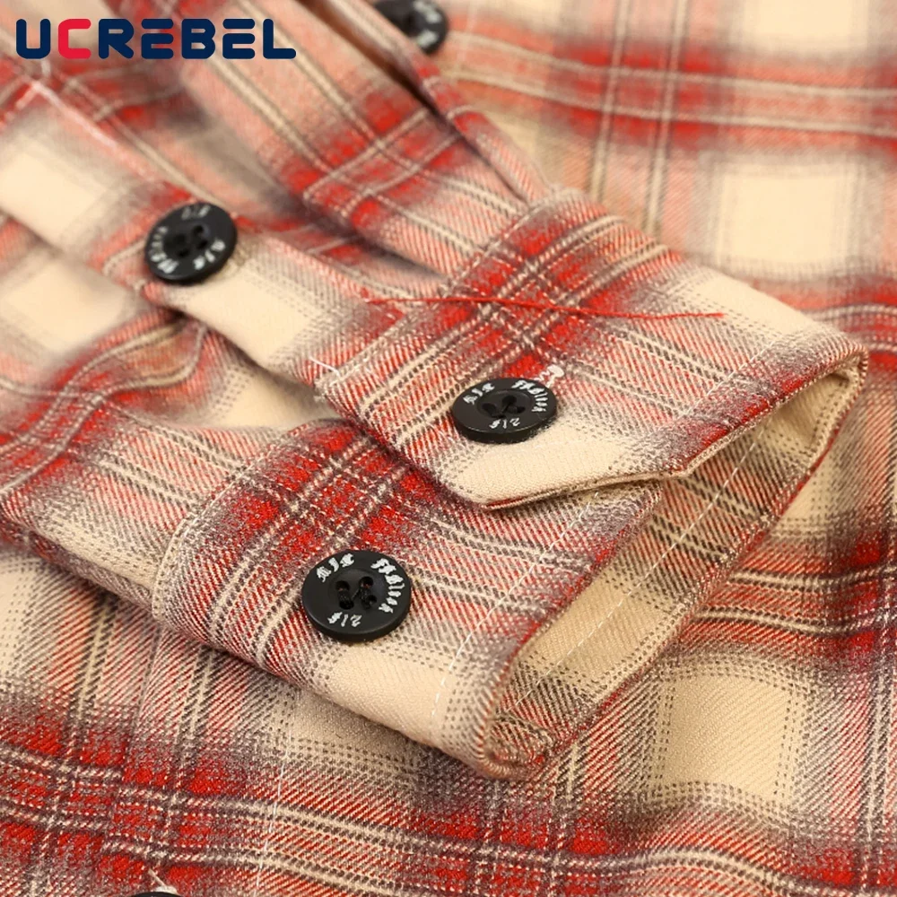 Curved Hem Loose Plaid Shirt Mens Safari Style Casual Long Sleeve Pocket Shirts Men Autumn