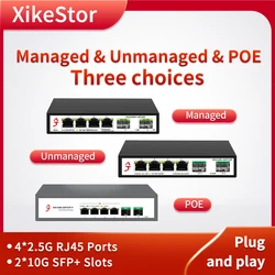 XikeStor conmutador de red Ethernet Simple L2, 6 puertos, 2,5G, gestionado, no gestionado, PoE, 4 puertos RJ45 de 2,5G, 2 ranuras SFP + de 10G