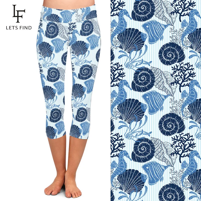 LETSFIND Summer New 3D Shells Seahorses and Corals Printing Capri Leggings High Waist Slim Fitness Mid-Calf Leggings