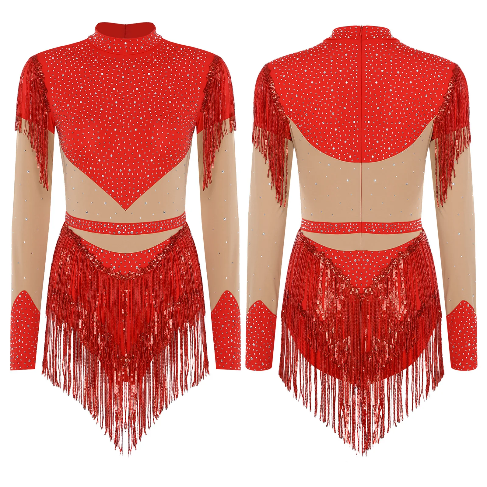 Body de patinaje artístico gimnástico con borlas de lentejuelas brillantes para mujer, mono de leotardo de baile latino Chacha Rumba de manga larga con diamantes de imitación
