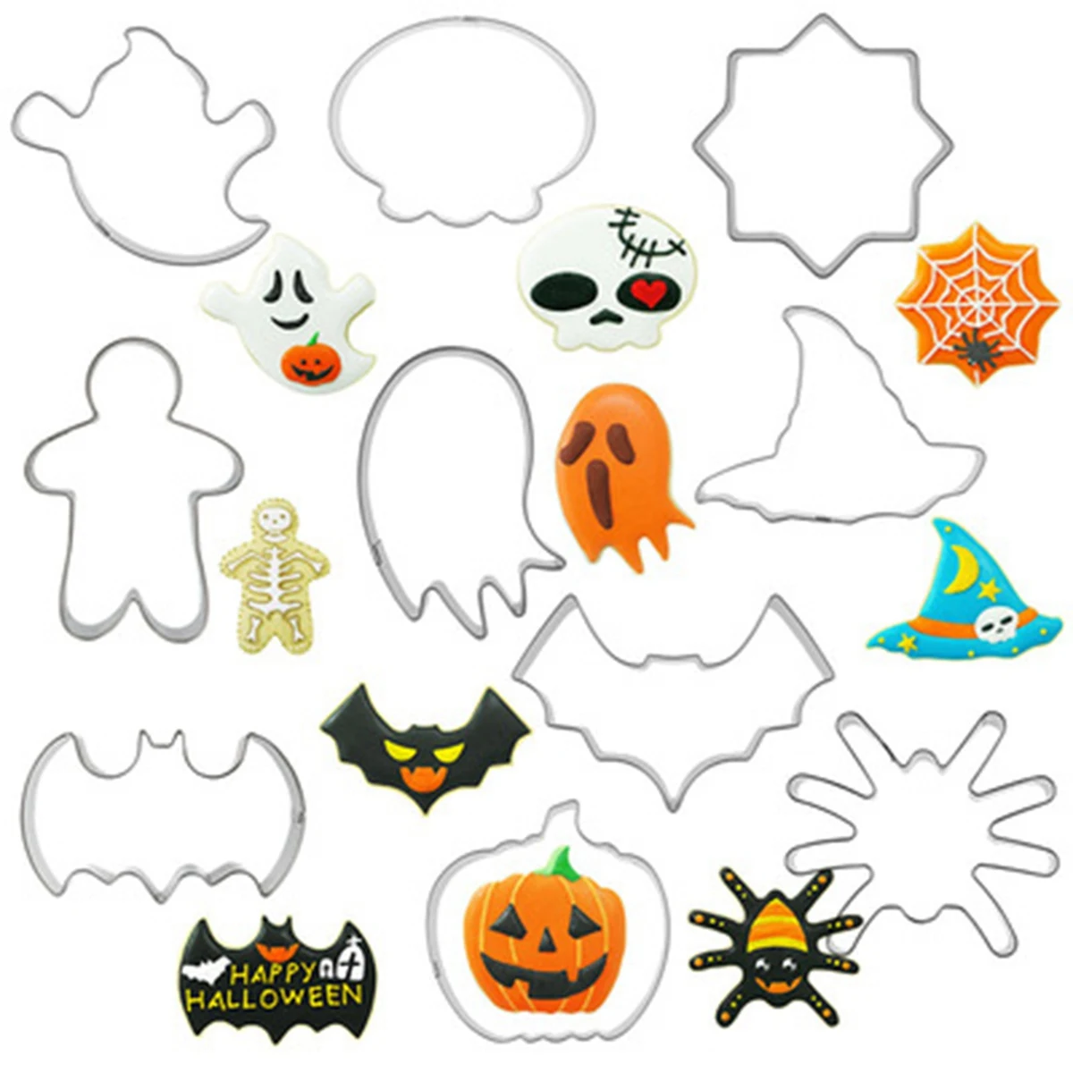Cortador de galletas de acero inoxidable, herramienta para hornear, Fondant, murciélago de Halloween, calabaza, fantasma, decoración de pasteles, 10 unidades