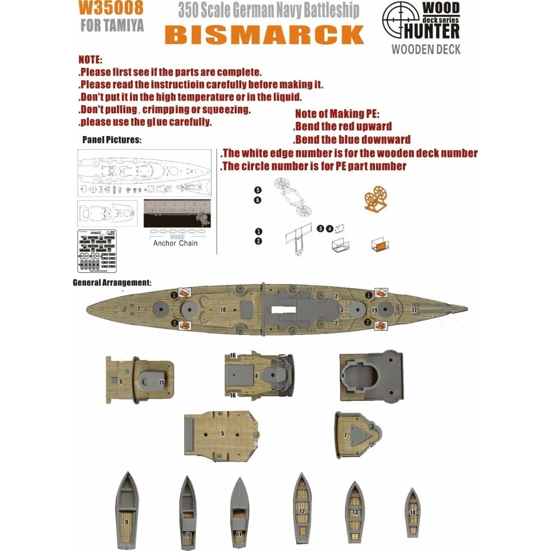 Hunter W35008 1/350 Wood Deck German BISMARCK  FOR TAMIYA 78013