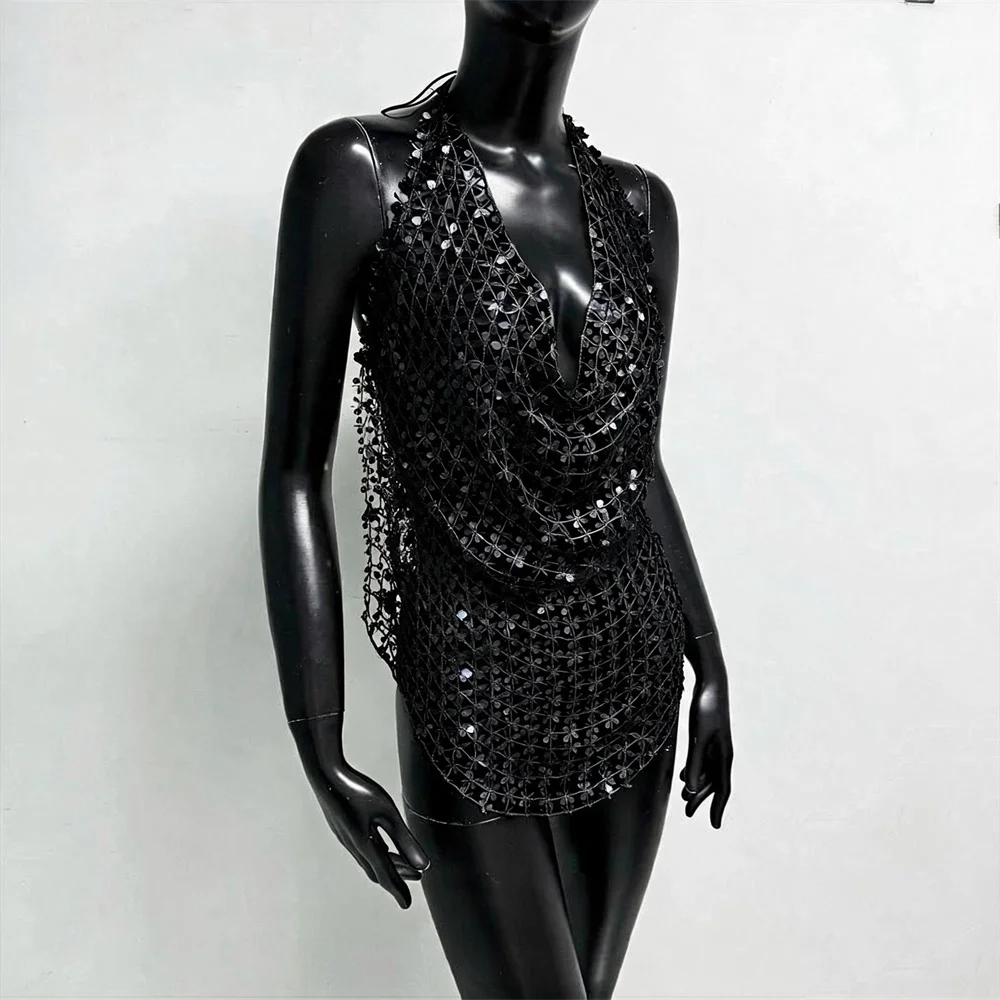 Damen Glänzendes Acryl-Pailletten-Top mit Ausschnitten, Sexy Tiefer V-Ausschnitt, Rückenfreies Neckholder-Oberteil, Durchsichtiges Strand-Party-Top – Detail 16