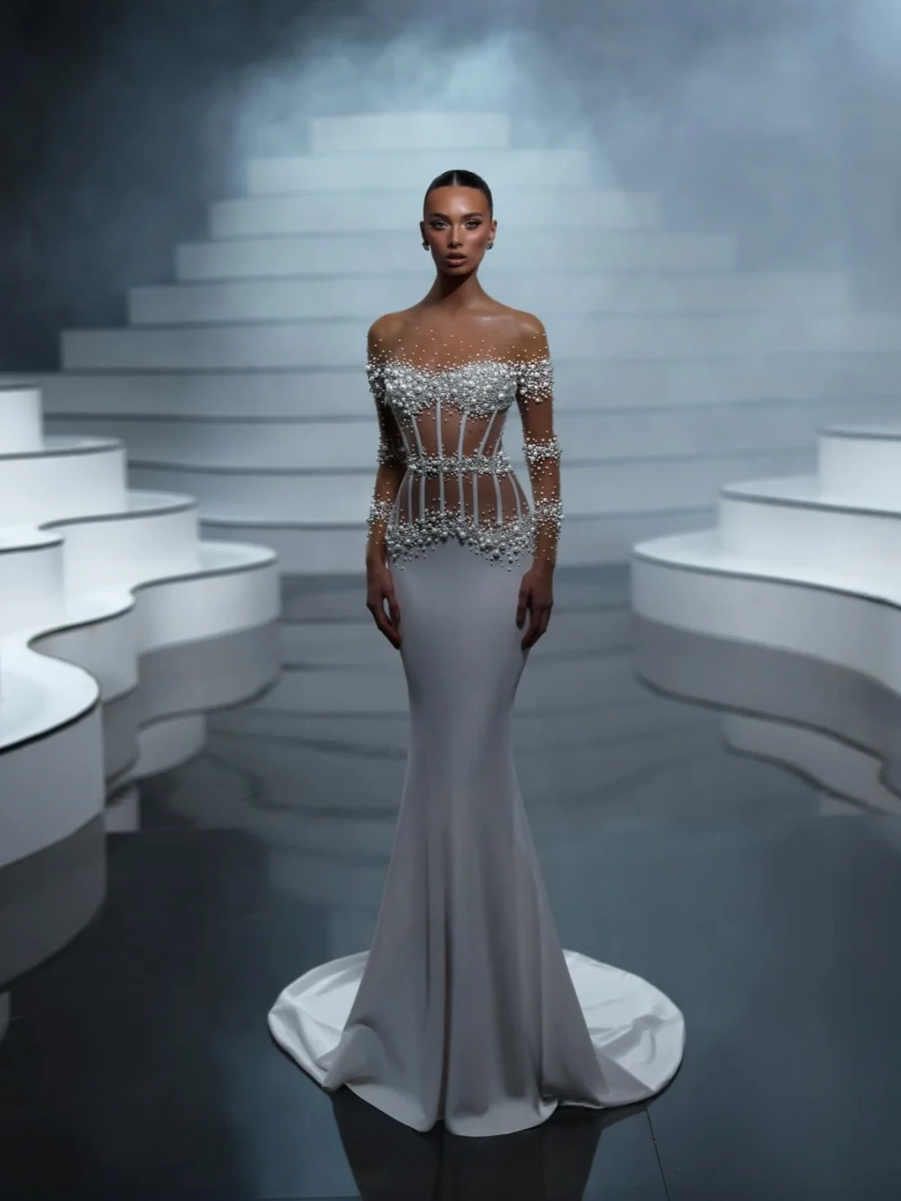 Sparkling Pearls Satin Mermaid Wedding Dress Dreamy Glamorous Floor-length Bridal Gown Customzied Long Sleeve Dresses For Bride