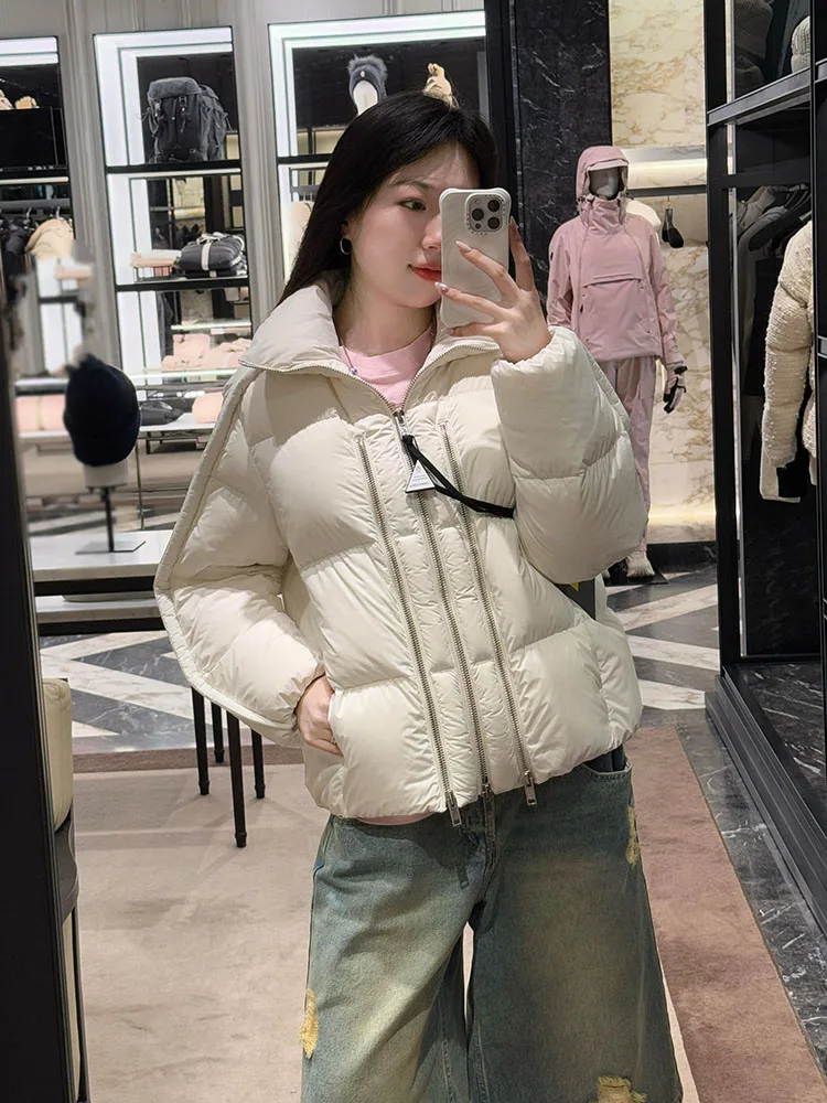 ユニークなオーツホワイトのレディースダウンジャケット、韓国風高級ブレッドコート、厚手のアウターウェア、通勤ファッション、90%ダウンフィルパワー