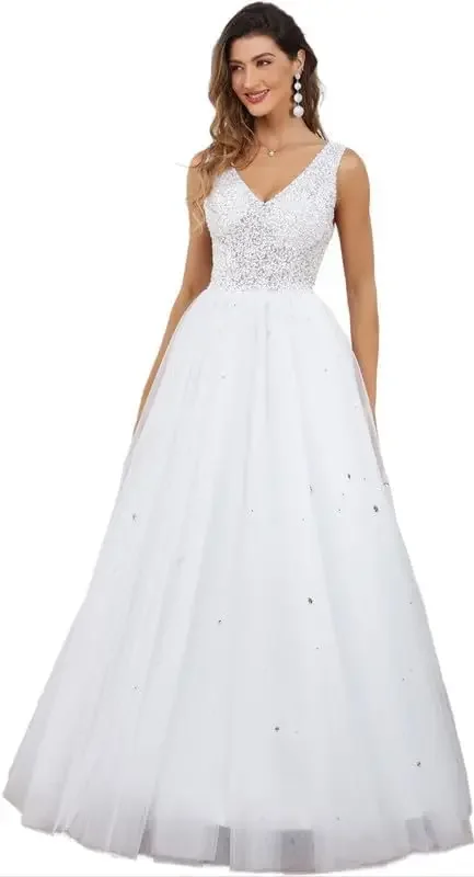 تول الخامس الرقبة الترتر ومطرز فساتين الزفاف فستان زفاف بسيط فستان أبيض المرأة الدانتيل فساتين الزفاف للعروس