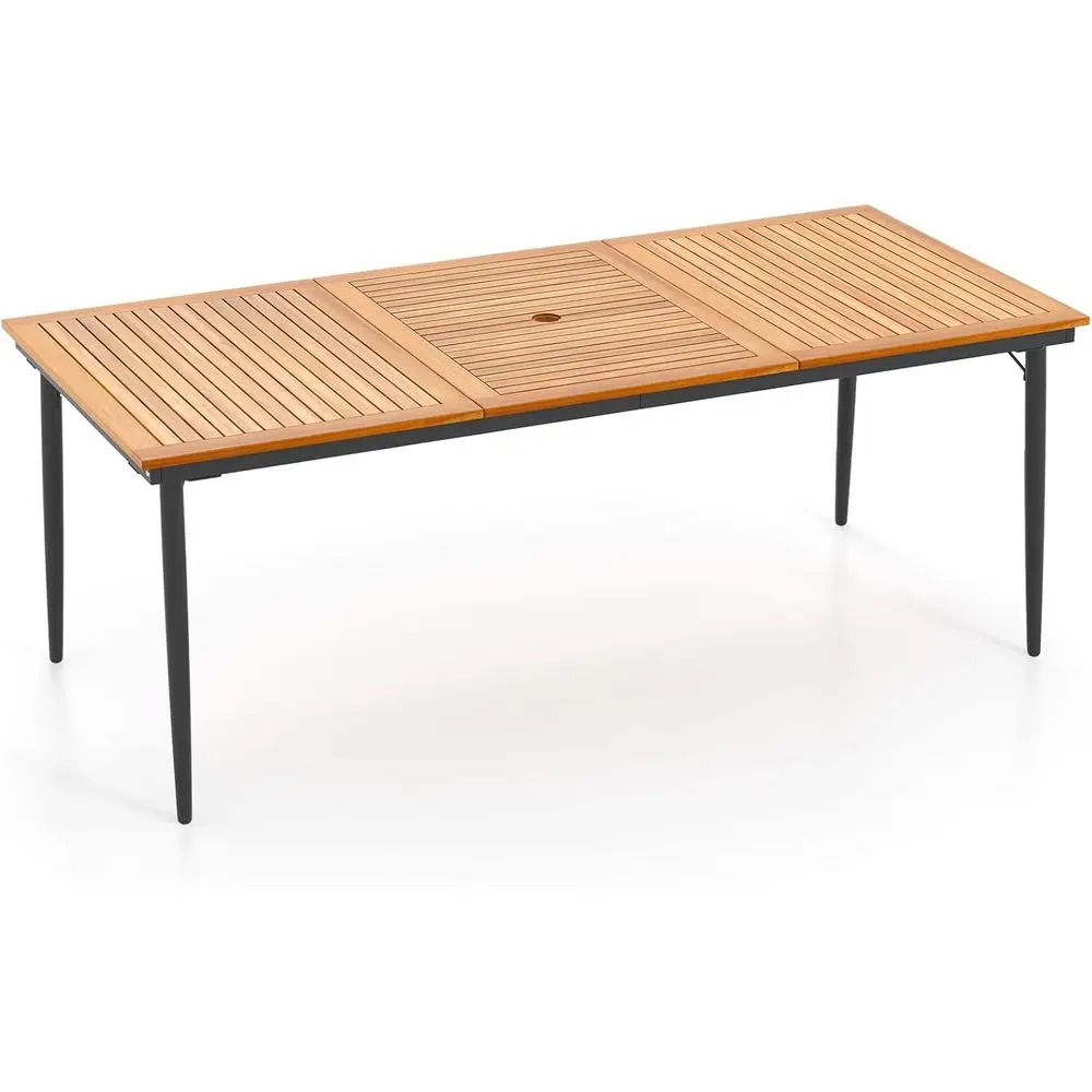 

Durable Acacia Wood Patio Dining Table for 6-8 with Metal Legs and Umbrella Hole