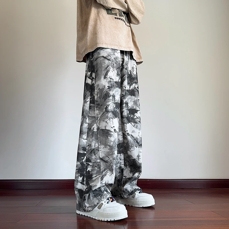 Korean Style Tie-dye Print Casual Pants Black Mopping Trousers Men Autumn Fashion Streetwear Pants Unisex Plus Size 5XL-M