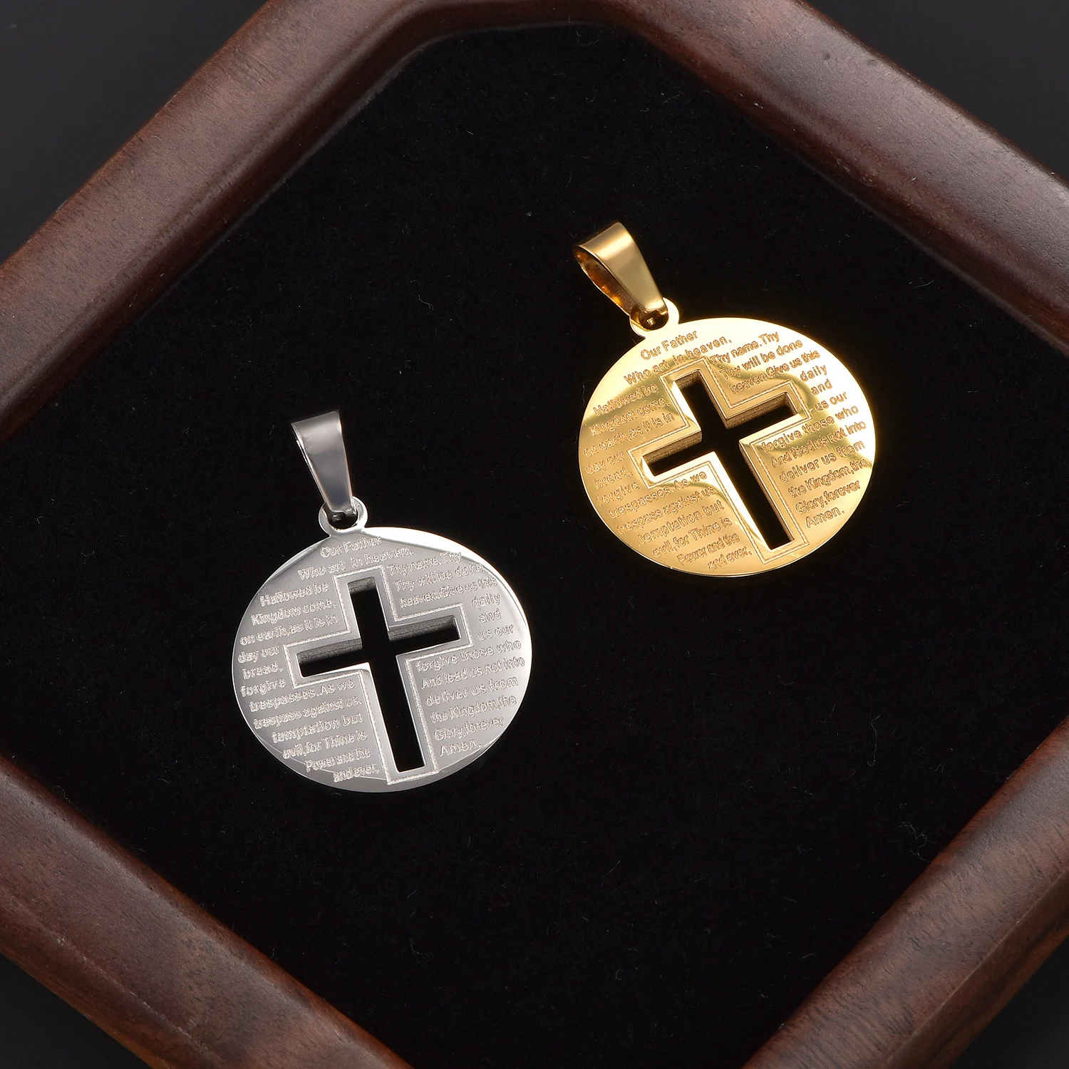 Runde Münzanhänger aus Edelstahl, Hohlkreuz-Halskette, Anhänger, christliche Bibel, Vaterunser-Kette, religiöser Schmuck – Detail 4