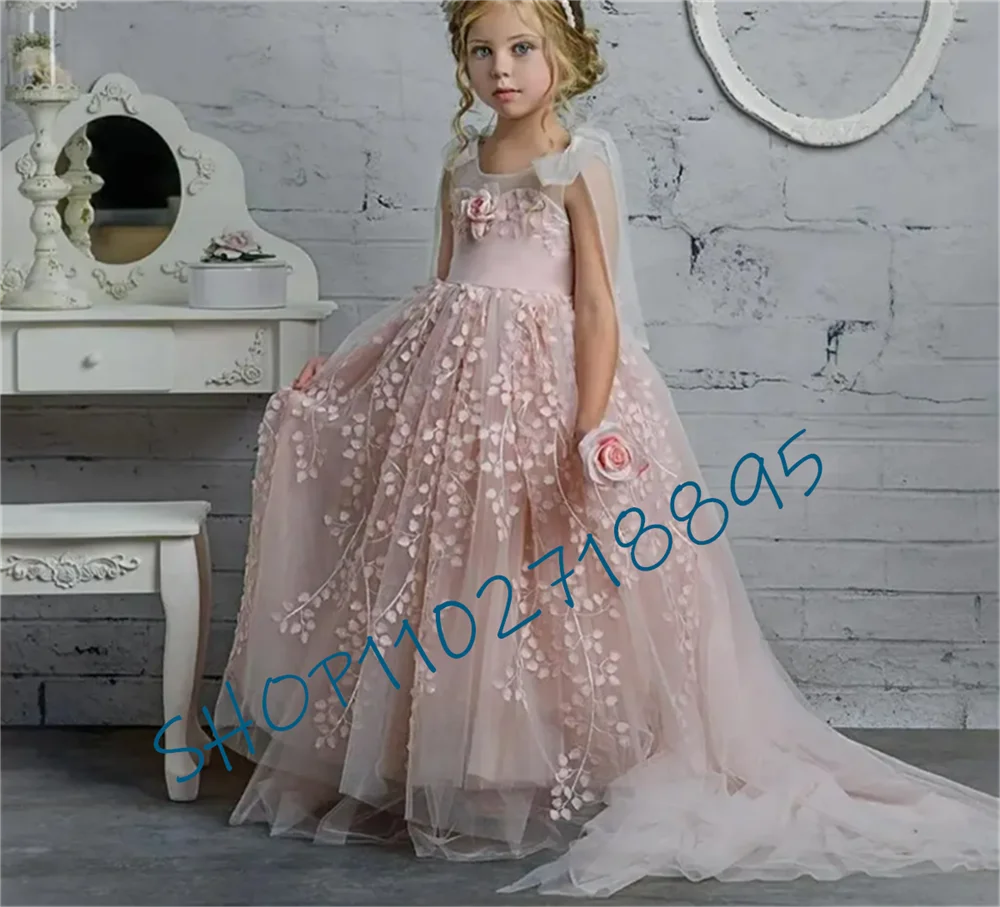 Flower Girl Dress Pink Tulle Applique Wedding Elegant Flower children's First eucaristic Birthday Party Dress Girl Gift