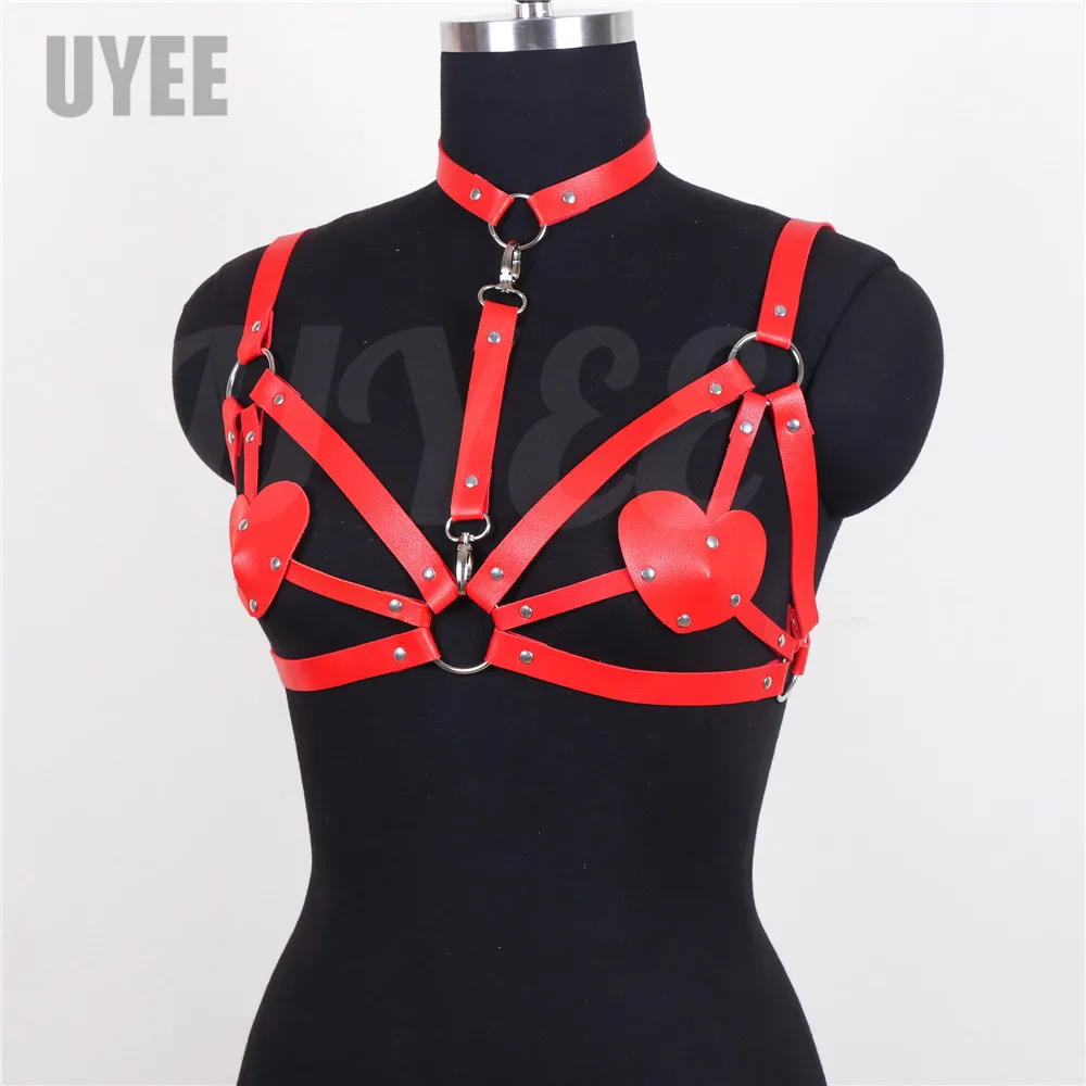 UYEE Sexy Women Harness Bra Red PU Leather Heart Chest Patch Rave Outfit Erotic Chest Bondage Lingerie Gothic Body Cage Bdsm Top