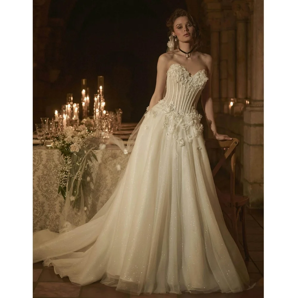 Customized Lace Applique Wedding Dresses Elegant Sweetheart Sleeveless For Women Charming Tulle Bridal Gowns Vestidos De Novia