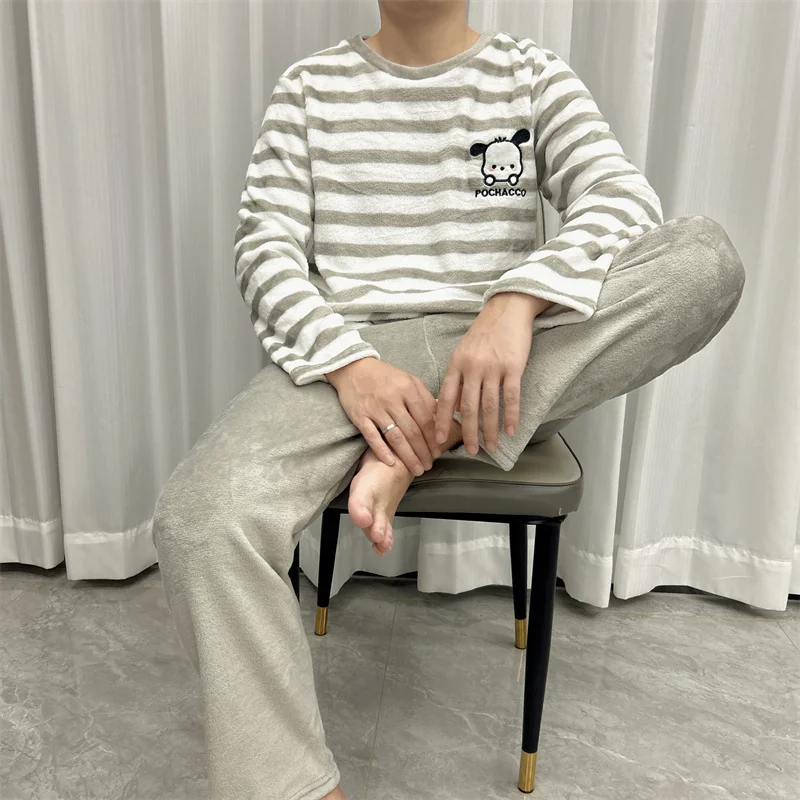 التطريز الكلب الرجال قطاع منامة الخريف والشتاء سميكة الدافئة طويلة الأكمام السراويل المرجان الصوف Homewear ملابس للرجال #1