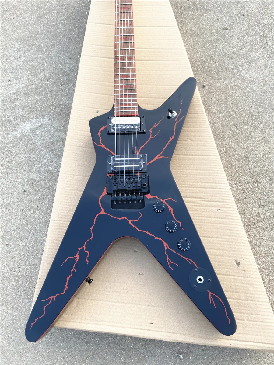 Custom Red Lightning shaped double shake electric guitar mahogany body with black accessories