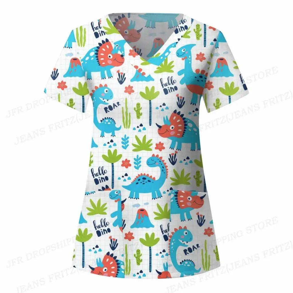 Pharmacist Dentist Veterinary Nurse Uniform Animal V-Neck Pocket Medical Uniforms Cartoon Nursing Scrubs Tops Uniforme enfermera