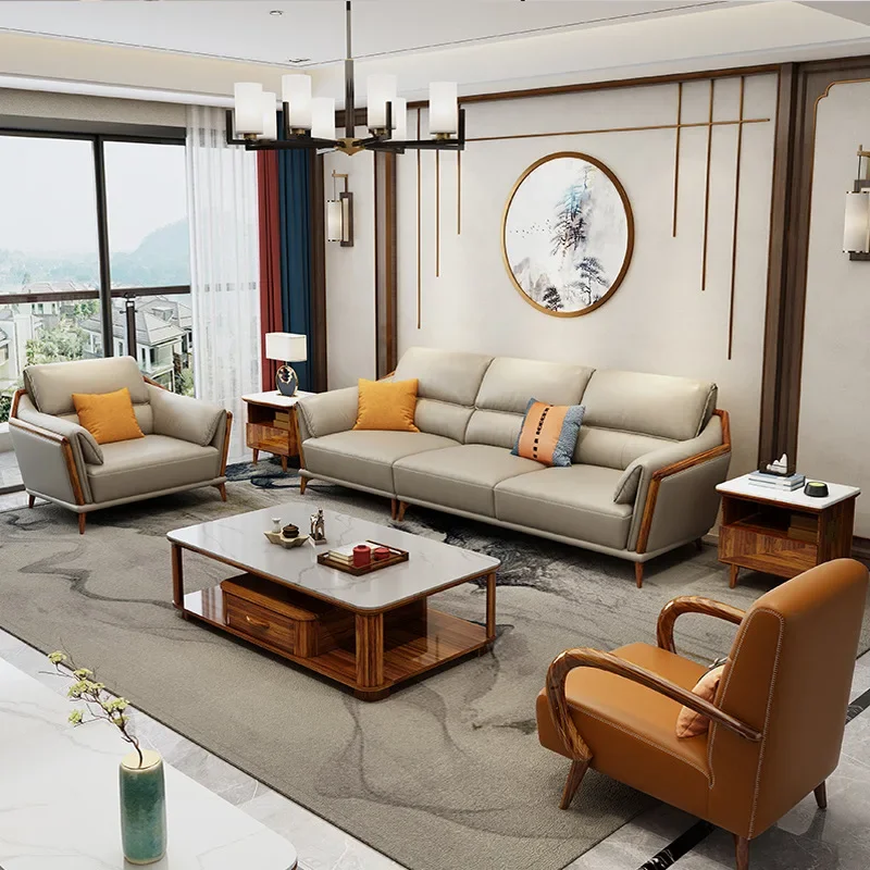 Ebony leather sofa designer living room modern simple solid wood small apartment first layer cowhide furniture