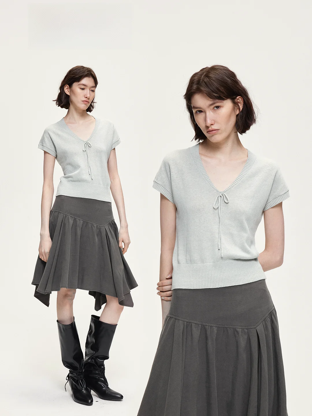 

ACOSEY Linen Cotton Knitted Top with V-neck Tie-waist Short Sleeve Women's Casual Style Fashion Design