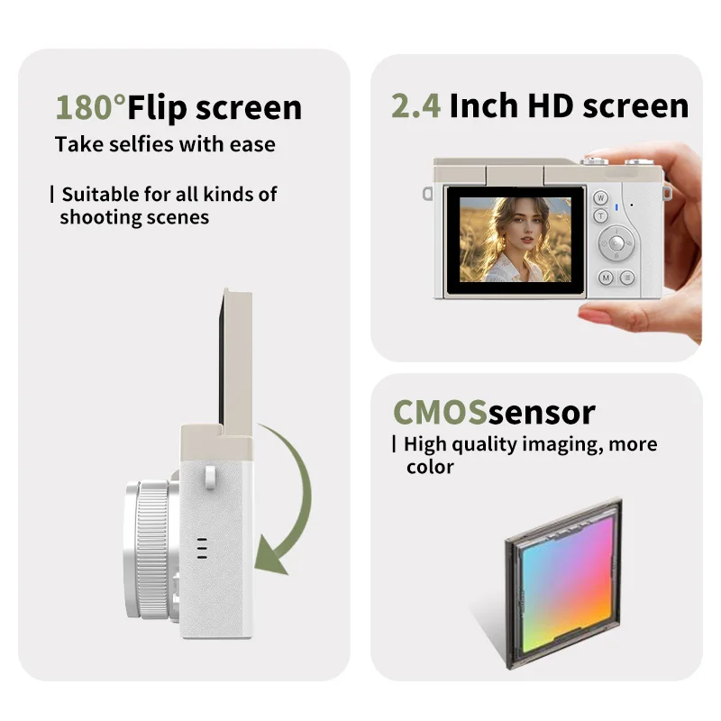 كاميرا رقمية 4K تكبير رقمي 16X CCD مسجل فيديو ريترو 2.4 بوصة 180 °   كاميرا تصوير رقمية مدمجة بشاشة قابلة للطي