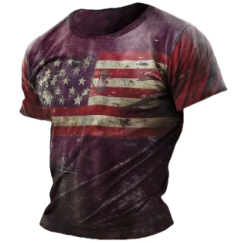 American Men\'s T-shirts Casual Loose Round Neck US Flag Short Sleeved Tops Tees Streetwear Men\'s Clothing Oversized T shirts 3XL