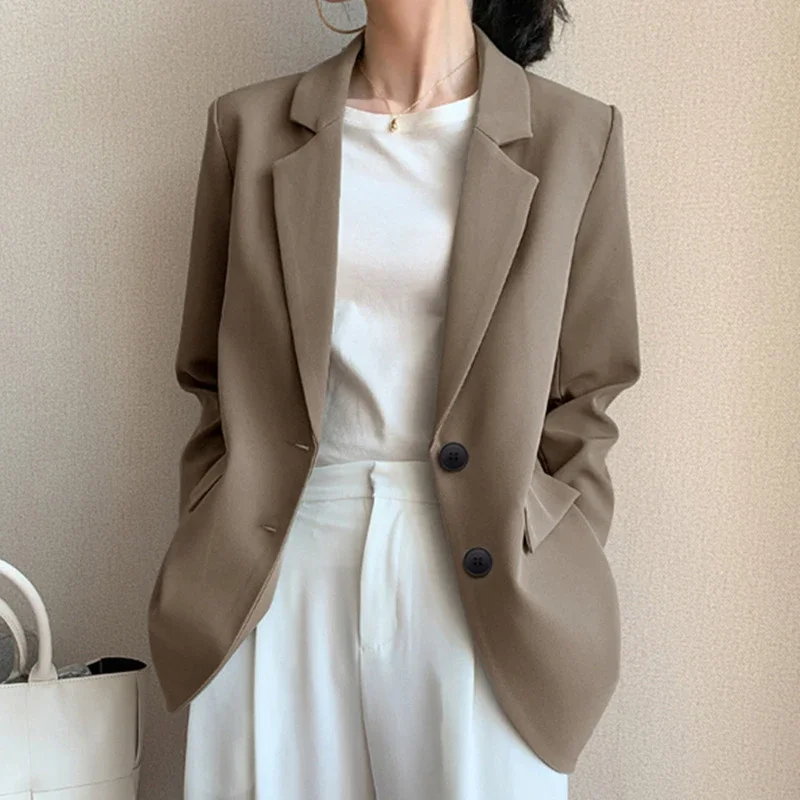 Khaki Suit Jacket for Women Autumn New Korean Loose Blazer Office Lady Tailored Collar Retro Chic Casual Solid Blazers Women