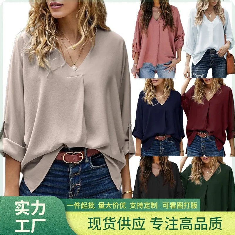 

Spring Women's Clothing Loose Fit V Neck Long Sleeve Casual Top Elegant Blouse For Woman Polyester Spandex Blend Mid Length