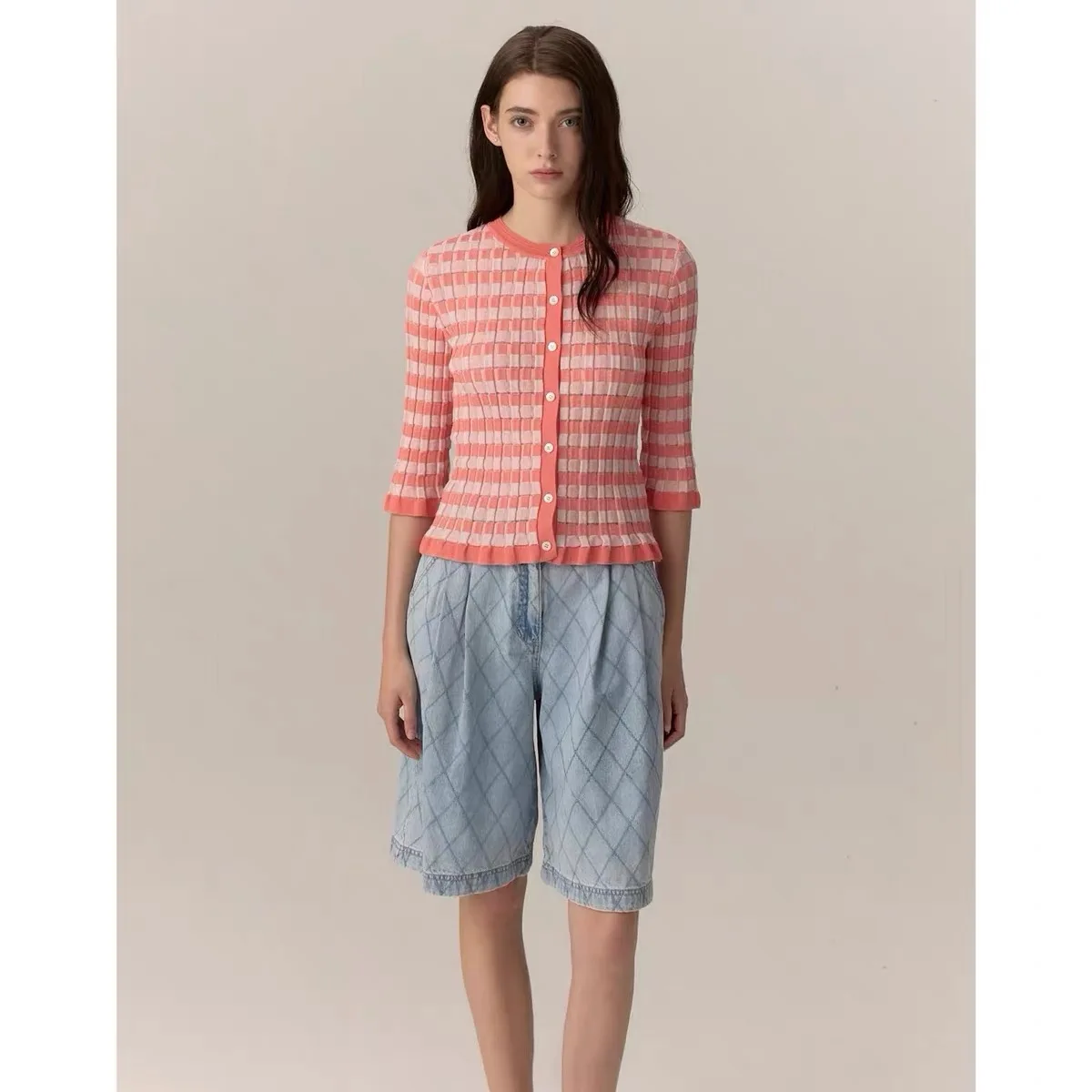 

Leather Cheese MIC26 Summer Casual Versatile Heavy Stitched Diamond Pattern mid High Waist Denim Five-Point Shorts