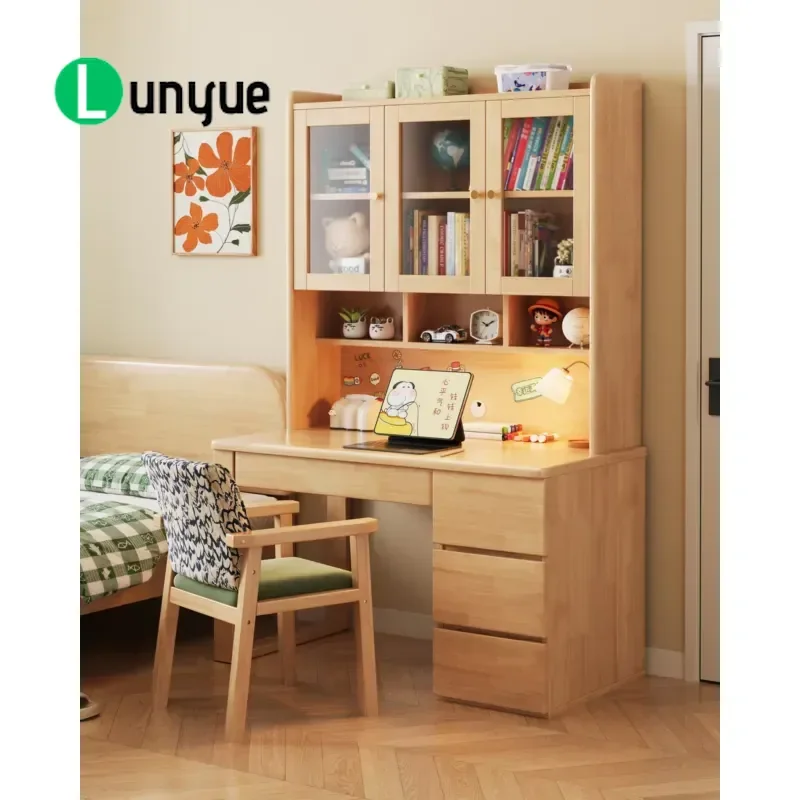 Solid Wood Integrated Children Study Table Bookshelf Home Writing Desk Computer Desk for Primary School Space Saving Combo