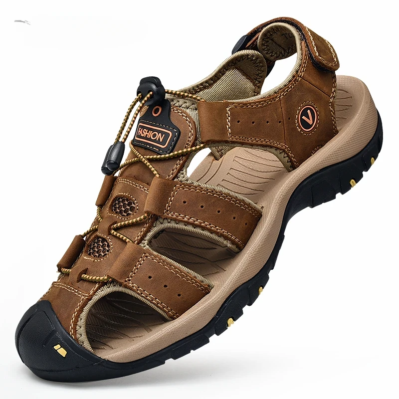 Men's Sandals Summer Anti-collision Toe Outdoor Walking Treking Casual Shoes Leather Hiking Men Slippers Beach Wading Shoes