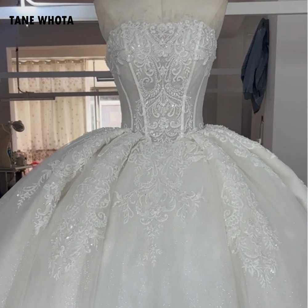 Long Wedding Dress Strapless Sequins Beading Lace Up Back Embroidery Customized White Wedding Dresses