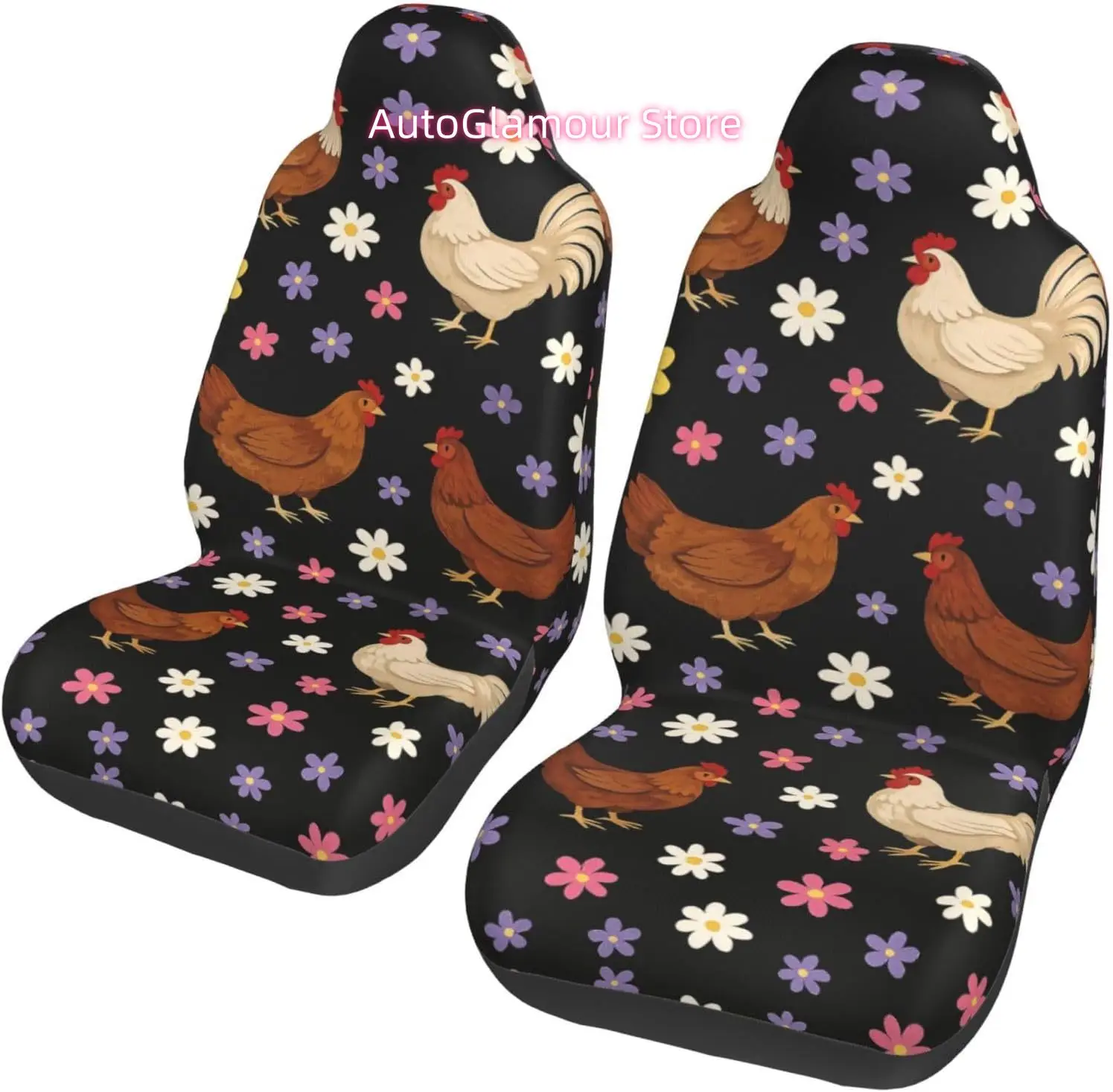Hippie Daisy Chicken Car Seat Covers Set of 2, Non-Slip Front Car Seats Protector Covers Vintage Universal for Most Cars, Suvs,T